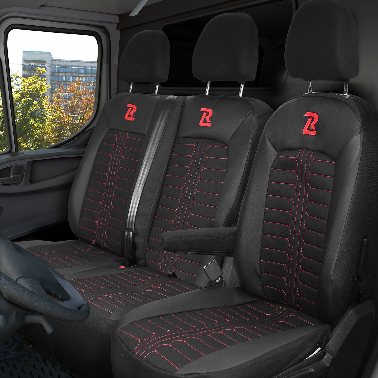 Pokrowce na fotele samochodowe TORNADO Volkswagen Crafter 2, Man TGE 1+2 Czarno - Czerwony SABA
