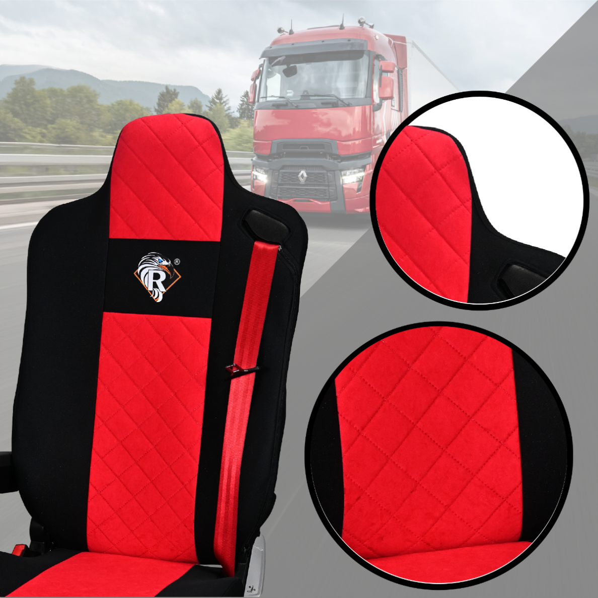 Pokrowce na fotele Renault Gama T od 2014 kierowca lotniczy, pasażer lotniczy 2 pasy  CZERWONY SABA