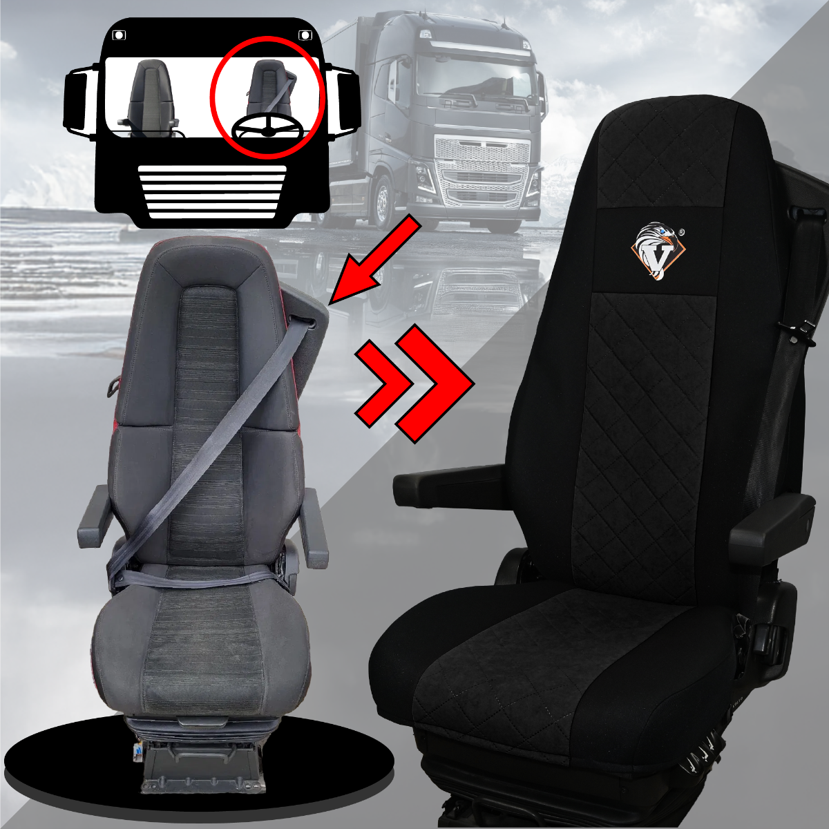 Pokrowce na fotele VOLVO FH4, FH, FH16, FMX, FM od 2013, FH5 od 2021, AERO od 2024 - 1 pas CZARNY SABA