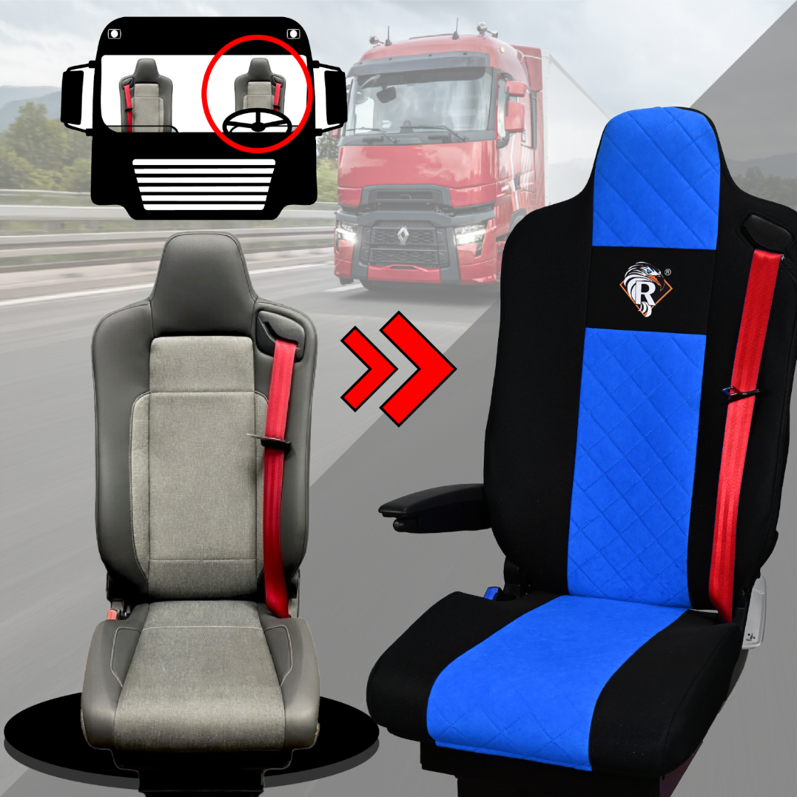 Pokrowce na fotele Renault Gama T od 2014 kierowca lotniczy, pasażer lotniczy 2 pasy  NIEBIESKI SABA