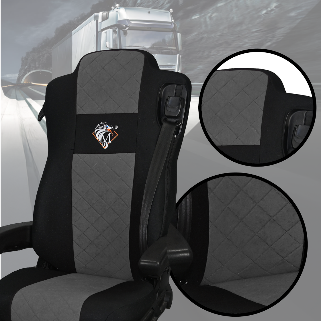 Pokrowce na fotele MERCEDES ACTROS MP4, AROX od 2011, MP5 od 2019 pasażer amortyzowany SZARE SABA