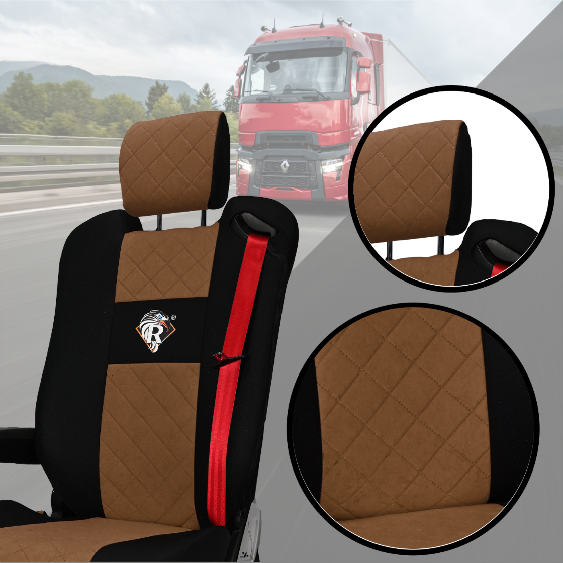 Pokrowce na fotele Renault Gama T od 2014 kierowca z zagłówkiem, pasażer lotniczy 2 pasy  BRĄZ SABA