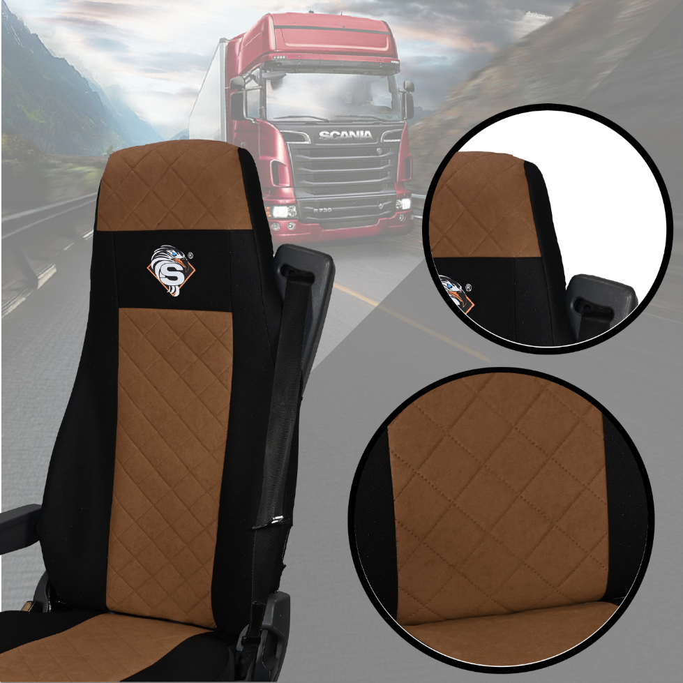 Pokrowce na fotele SCANIA seria R od 2004, 1+1, fotele różne 1 pas, fotel kierowcy BASIC - KONFIGURACJA A - BRĄZ SABA
