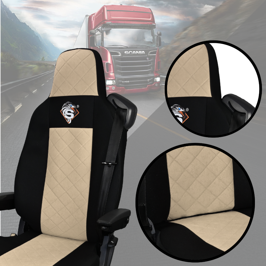 Pokrowce na fotele SCANIA seria R od 2013, seria S od 2017, fotele różne 2 pasy, fotel kierowcy PREMIUM, fotel pasażera BASIC - KONFIGURACJA E - BEŻ SABA