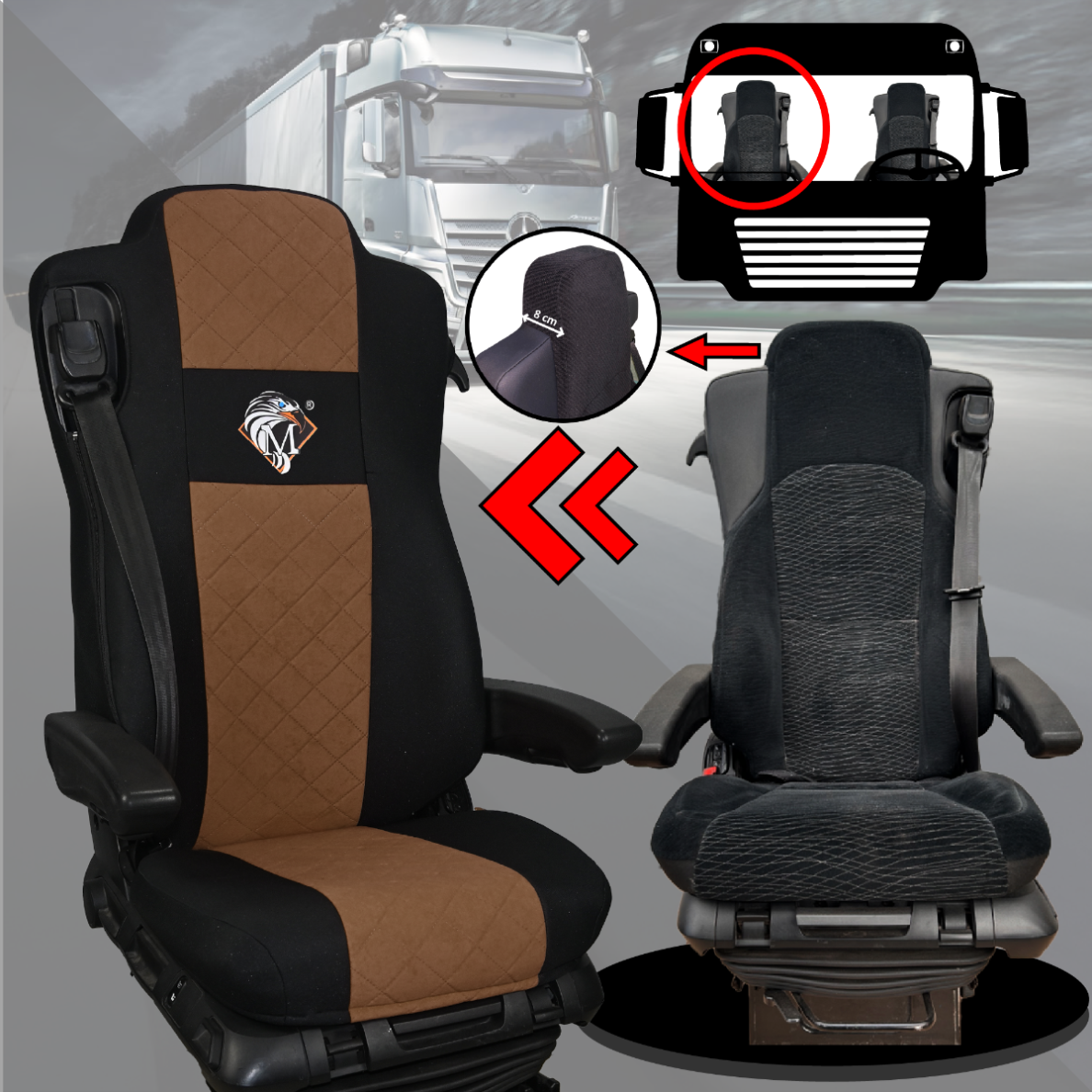 Pokrowce na fotele MERCEDES ACTROS MP4, AROX od 2011, MP5 od 2019 pasażer amortyzowany BRĄZ SABA