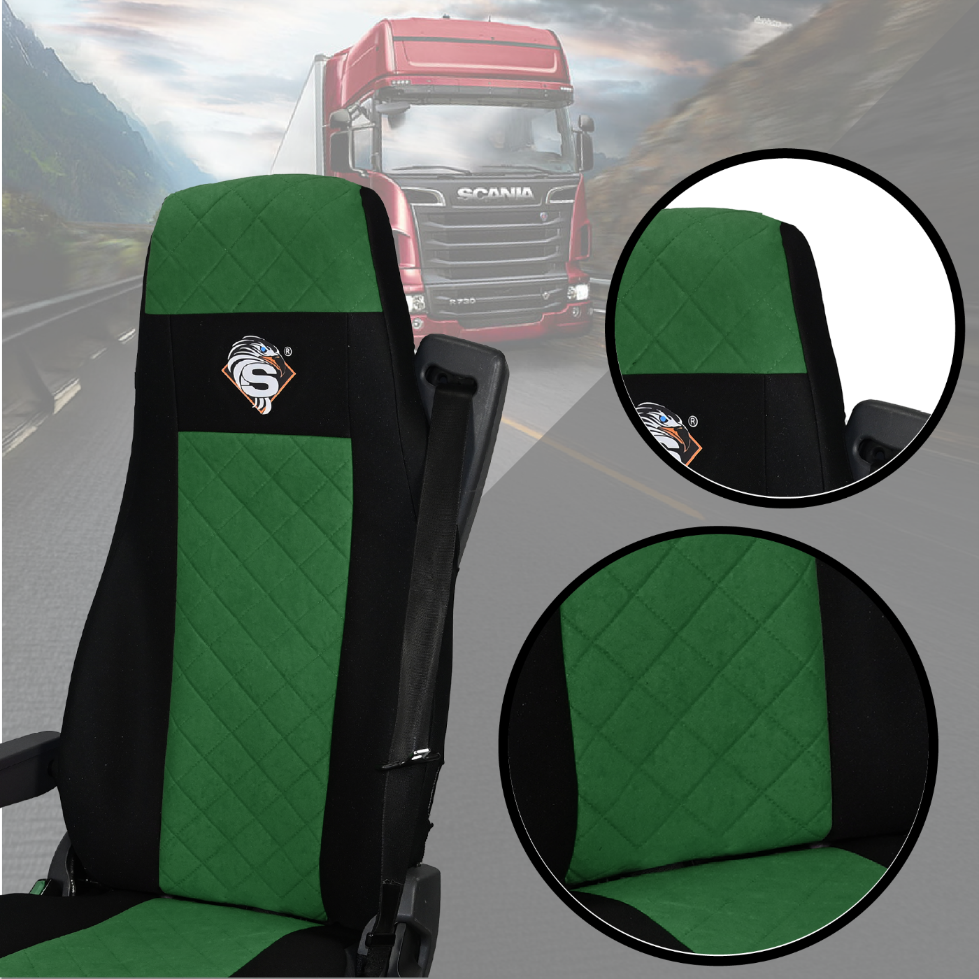 Pokrowce na fotele SCANIA seria R od 2004, 1+1, fotele lotnicze 2 pasy, fotel kierowcy i pasażera BASIC - KONFIGURACJA C - ZIELONY SABA
