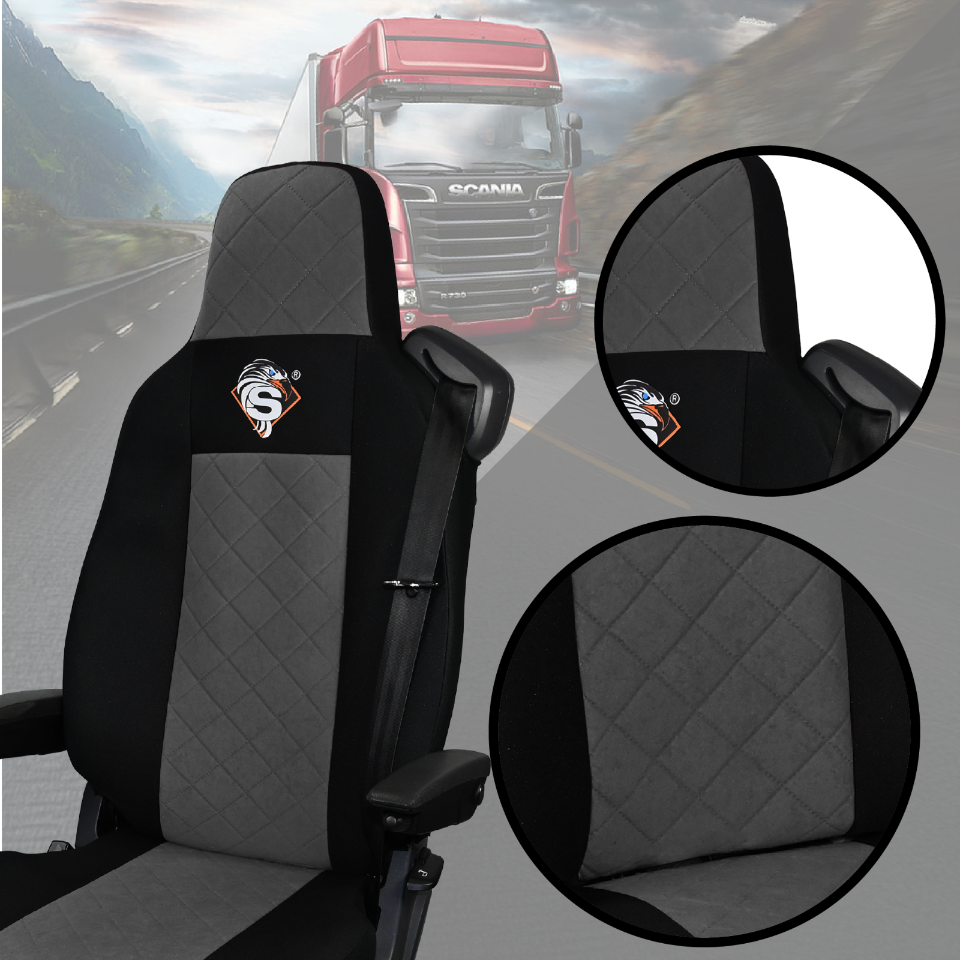 Pokrowce na fotele SCANIA seria R od 2013, seria S od 2017, fotele różne 2 pasy, fotel kierowcy PREMIUM, fotel pasażera BASIC - KONFIGURACJA E - SZARY SABA
