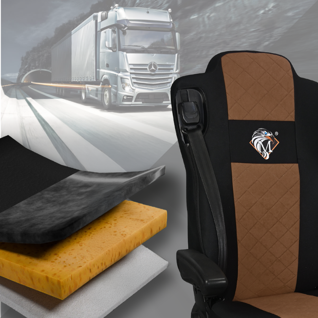 Pokrowce na fotele MERCEDES ACTROS MP4, AROX od 2011, MP5 od 2019 pasażer amortyzowany BRĄZ SABA